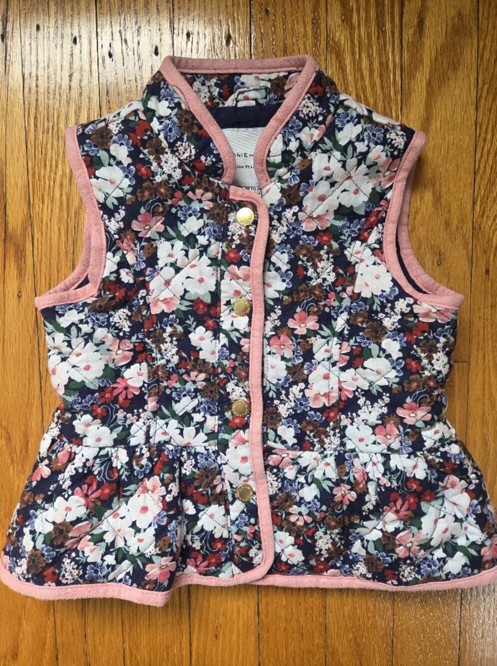 Janie and Jack Girls Quilted Navy Floral Peplum Vest with Pink Trim 18-24 Months